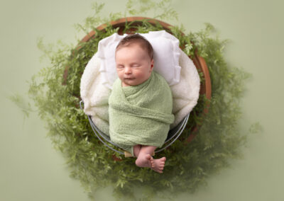 Newborn baby surrounded by greenery